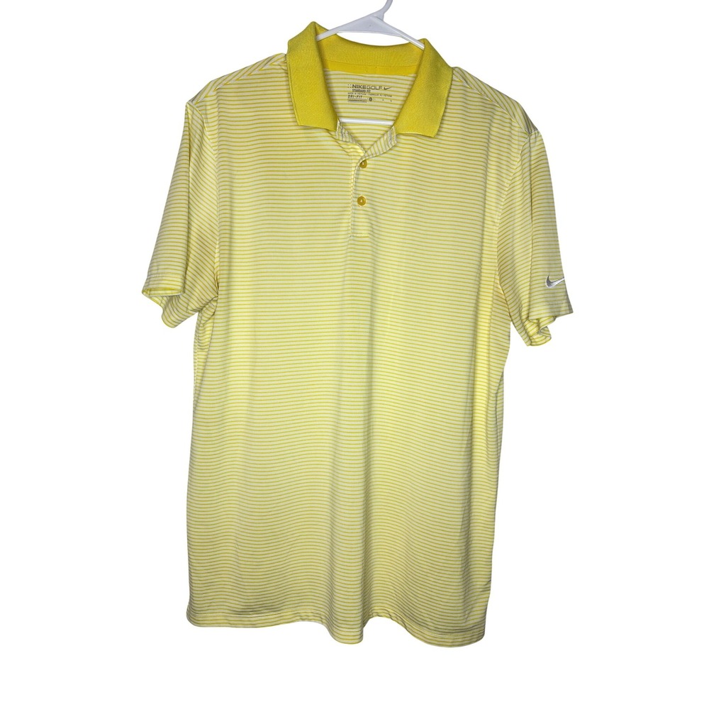 Nike Golf Polo Shirt Large Yellow Striped Dri-FIT Standard Fit Short Sleeve